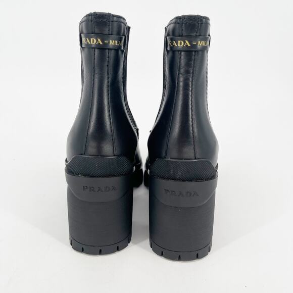 Prada Black Leather Double Gore Lug Sole Block Heel Chelsea Ankle Boot IT 36 - Picture 8 of 14